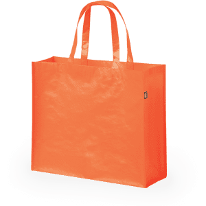 An orange reusable grocery bag with two handles and a logo on the side.