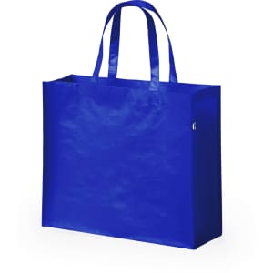 A blue reusable grocery bag with sturdy handles and a plain design, featuring a small logo.