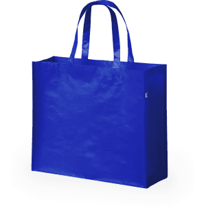 A blue reusable grocery bag with two handles and a solid design. Features branding on one side.