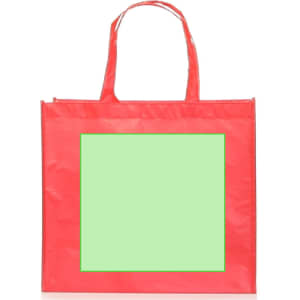 A red reusable grocery bag with two handles and a blank light green area in the centre. It has a logo on the front.