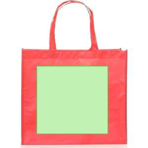 A red reusable grocery bag with long handles and a green square area. It features a logo on the front.