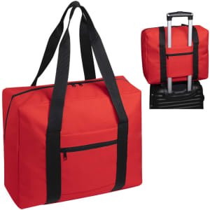 A red wheeled bag with black straps and a front pocket, featuring a handle for easy transport.
