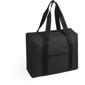 A black wheeled bag with dual handles and a front zip pocket. It features a simple, contemporary design.
