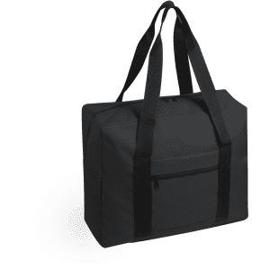 A black wheeled bag with dual handles and a front zip pocket, featuring a simple logo.
