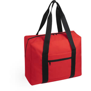 A red wheeled bag with black straps and a front pocket, featuring a logo.