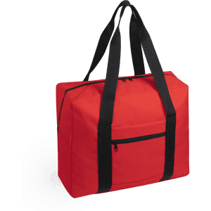 A red wheeled bag with black straps and a front zip pocket, featuring a logo on the side.