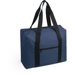 A navy wheeled bag with black straps and a front zip pocket, featuring a logo on the surface.