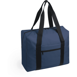A navy wheeled bag with black handles and a front pocket, featuring a logo.