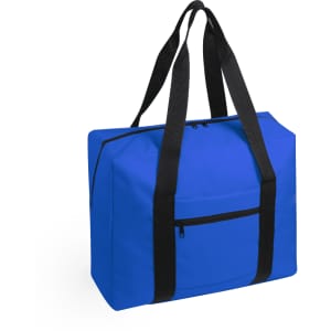 A blue wheeled bag with black straps and a front zippered pocket. It has a simple design and is spacious.