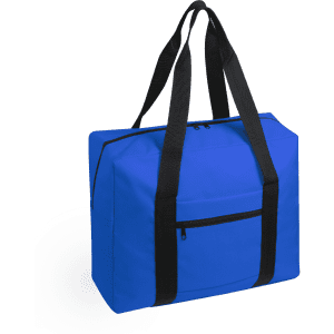 A blue wheeled bag with black straps and a front zipped pocket. The bag has a sleek, modern design and a branding logo.