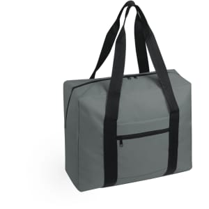 A grey wheeled bag with black straps and a front zipper pocket. It features a square shape and a sturdy design.