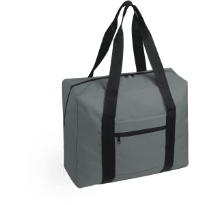 A grey wheeled bag with black handles and a front pocket, featuring a logo.