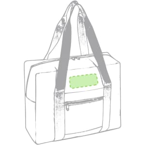 A wheeled bag in grey with dual handles and a front pocket. It features an area for branding or labels.