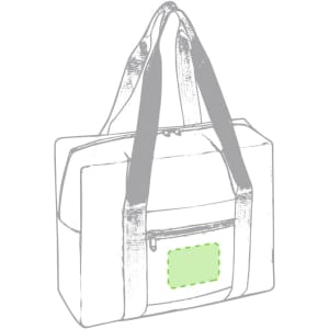 A wheeled bag featuring dual handles and a front zip pocket, illustrated in a grey outline with a placeholder for branding.