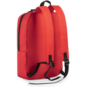 A red backpack featuring adjustable straps and a logo. The design has a simple and functional shape.