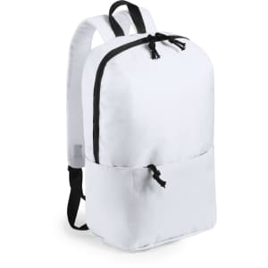 A white backpack with black zippers and straps, featuring a front pocket and simple design.