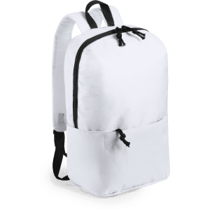 A white backpack with black accents, featuring a front pocket and adjustable straps, including a logo.