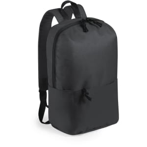 A black backpack with a smooth finish, featuring adjustable straps and a front pocket. Includes a logo.