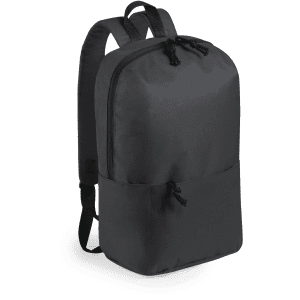 A black backpack featuring a top zip closure and a front pocket, with adjustable straps and a logo.