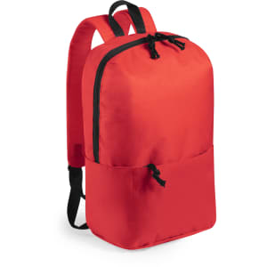 A red backpack with a sleek design, featuring a front pocket and adjustable straps. It has a logo on it.