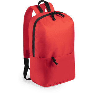 A bright red backpack featuring a front pocket and adjustable straps, equipped with a logo.