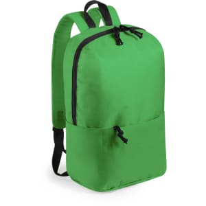 A green backpack with a front pouch and black accents, featuring adjustable straps and a smooth surface.