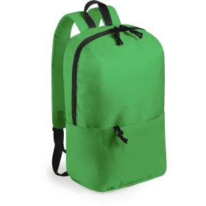 A green backpack with a front pocket, featuring black zippers and straps. It has a simple, modern design and a logo.