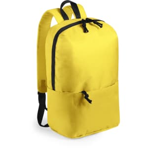 A bright yellow backpack with black accents and a front pocket, featuring a logo on theside.