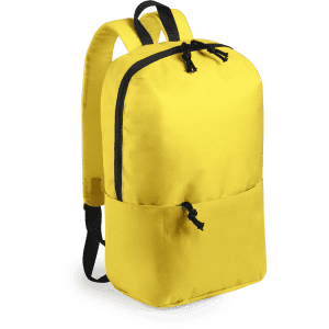 A yellow backpack with a front pocket and adjustable straps, featuring a logo on the side.