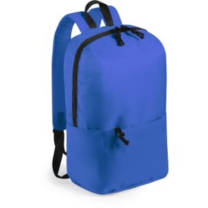 A blue backpack with a zippered top and a front pocket, featuring adjustable straps and a logo.