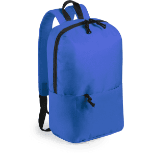 A blue backpack with a zippered main compartment, front pocket, and adjustable straps. It features a logo.