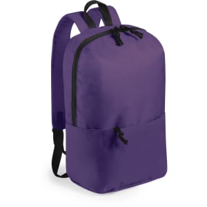 A purple backpack with a front pocket, featuring black straps and detailing. It has a simple, modern design.