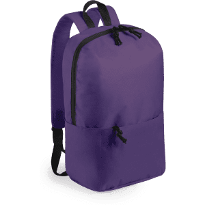 A purple backpack with a black zipper and adjustable straps, featuring a front pocket and a logo.