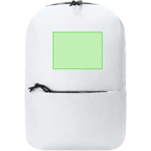 A white backpack featuring a front pocket and an area for custom branding.