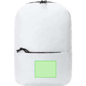 A white backpack with a front pocket and a logo. It features adjustable straps and a sleek design.
