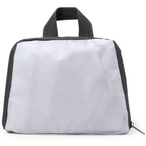 A foldable backpack in grey and white with a top handle and logo on the front.