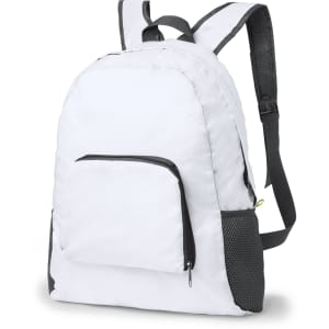 A foldable backpack in white with black accents and a front pocket. Features mesh side panels and adjustable straps.