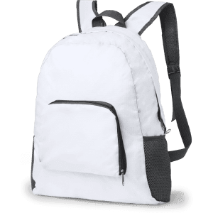 A foldable backpack in white with grey accents and a front pocket, featuring adjustable straps and a logo.