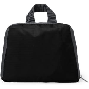 A foldable backpack in black with a grey handle and a zipper closure. It features a logo on the front.
