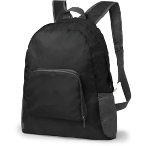 A black foldable backpack featuring a front pocket and mesh side details, with adjustable straps and a logo.