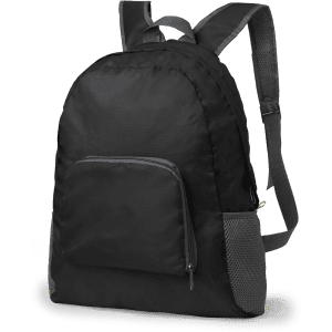 A foldable black backpack with a front pocket and mesh side pockets, featuring adjustable straps and a logo.