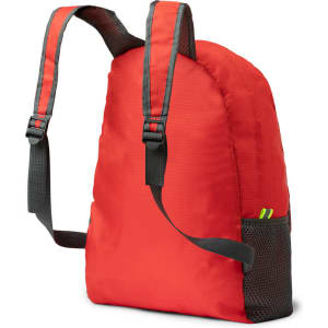 A red foldable backpack with grey straps and mesh sides, featuring a small pocket on one side and a logo.
