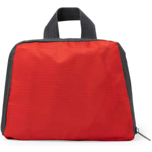 A foldable backpack in bright red and grey, featuring a top handle and a logo on the front.