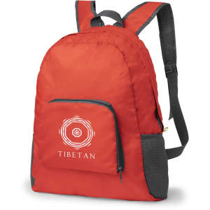 A red foldable backpack with grey accents and a front pocket, featuring a logo.