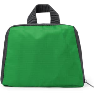 A foldable backpack in green with a black trim and a handle on top, featuring a logo.