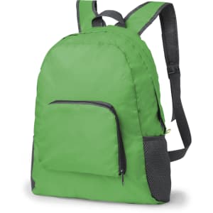 A green foldable backpack with a front pocket and mesh side pockets, featuring adjustable straps and a logo.