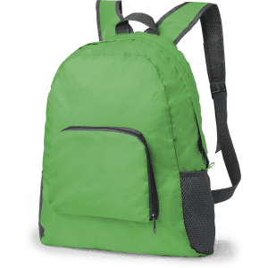 A green foldable backpack with a front pocket and black mesh details, featuring shoulder straps and a logo.