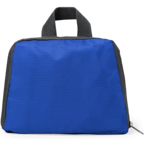 A foldable backpack in bright blue with black accents and a top handle. Features a zipped compartment and a logo.