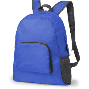 A blue foldable backpack with a front zip pocket and mesh side pocket. It features adjustable straps and a logo.