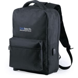 A black backpack featuring a front pocket and a logo. It has padded shoulder straps for comfort.